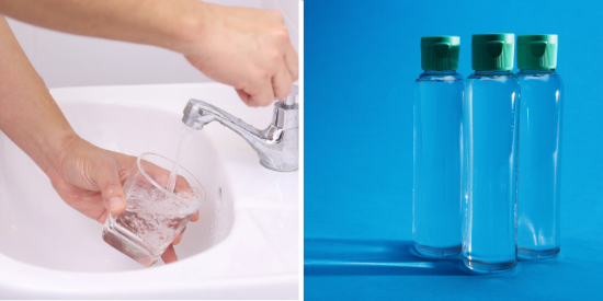 pouring drinking water from the tap and an image of three water bottles
